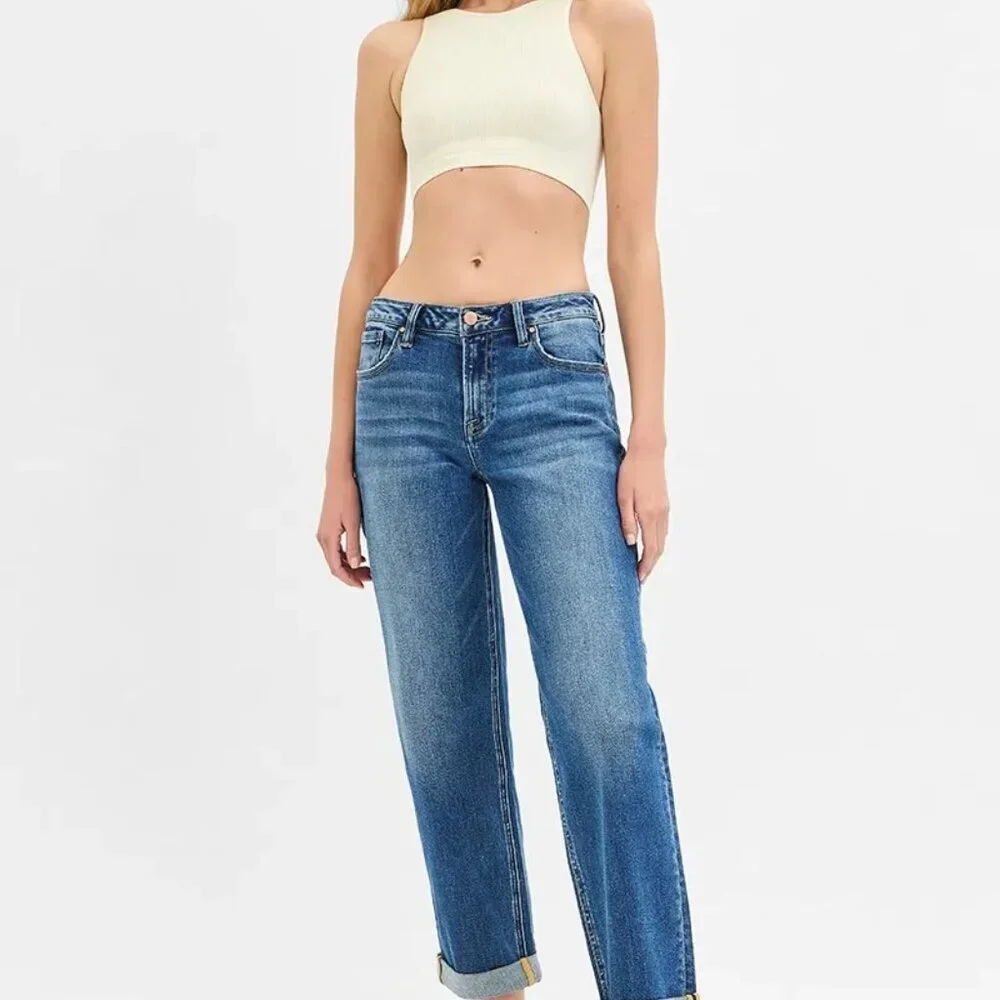 RISEN Full Size‎ Mid Rise Boyfriend Roll Up Jeans Plus Size